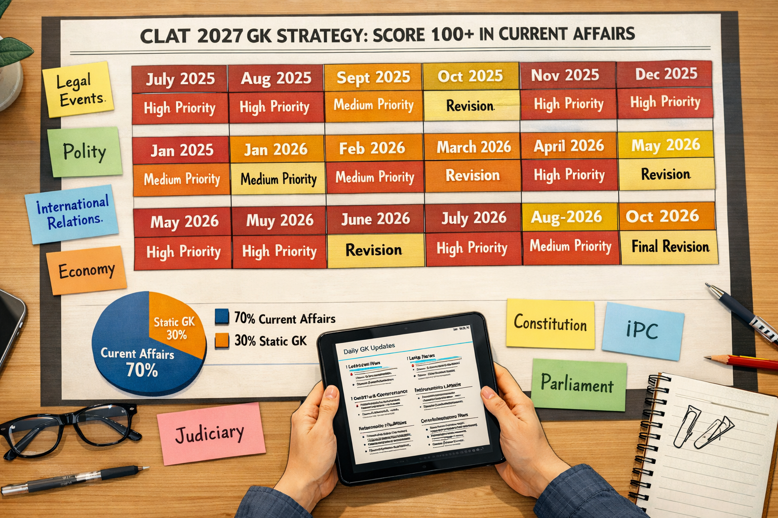 Editorial infographic scene focused on a month-by-month CLAT current affairs strategy board for how to score 100+ in CLAT