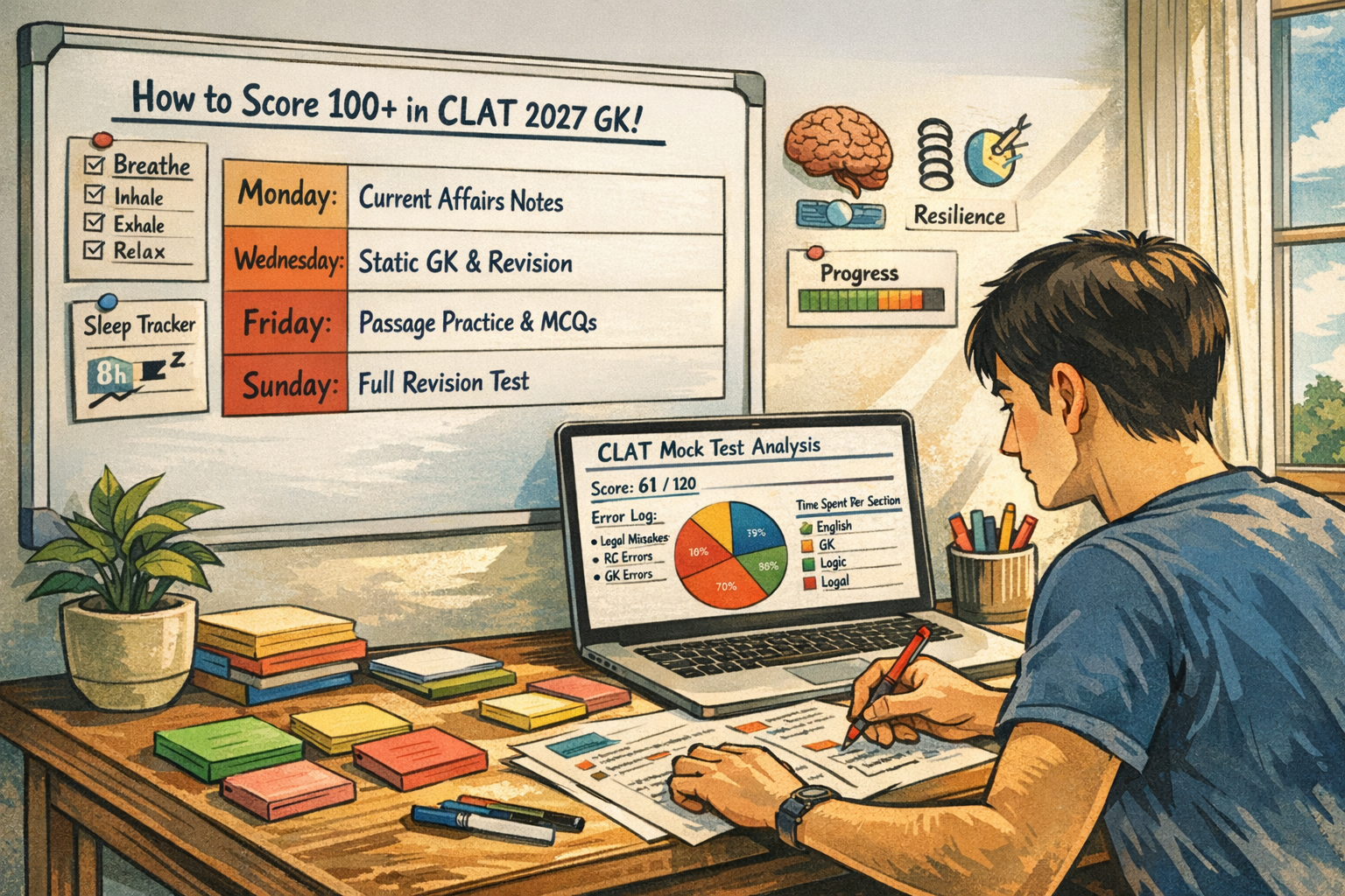 Editorial weekly routine and mock analysis visual for how to score 100+ in CLAT 2027 GK. Show a whiteboard or study wall