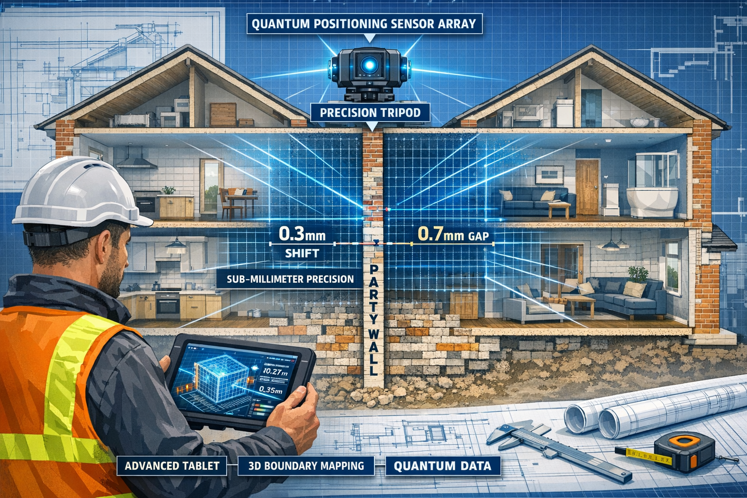 () detailed technical illustration showing cross-section cutaway view of two adjacent London properties with shared party