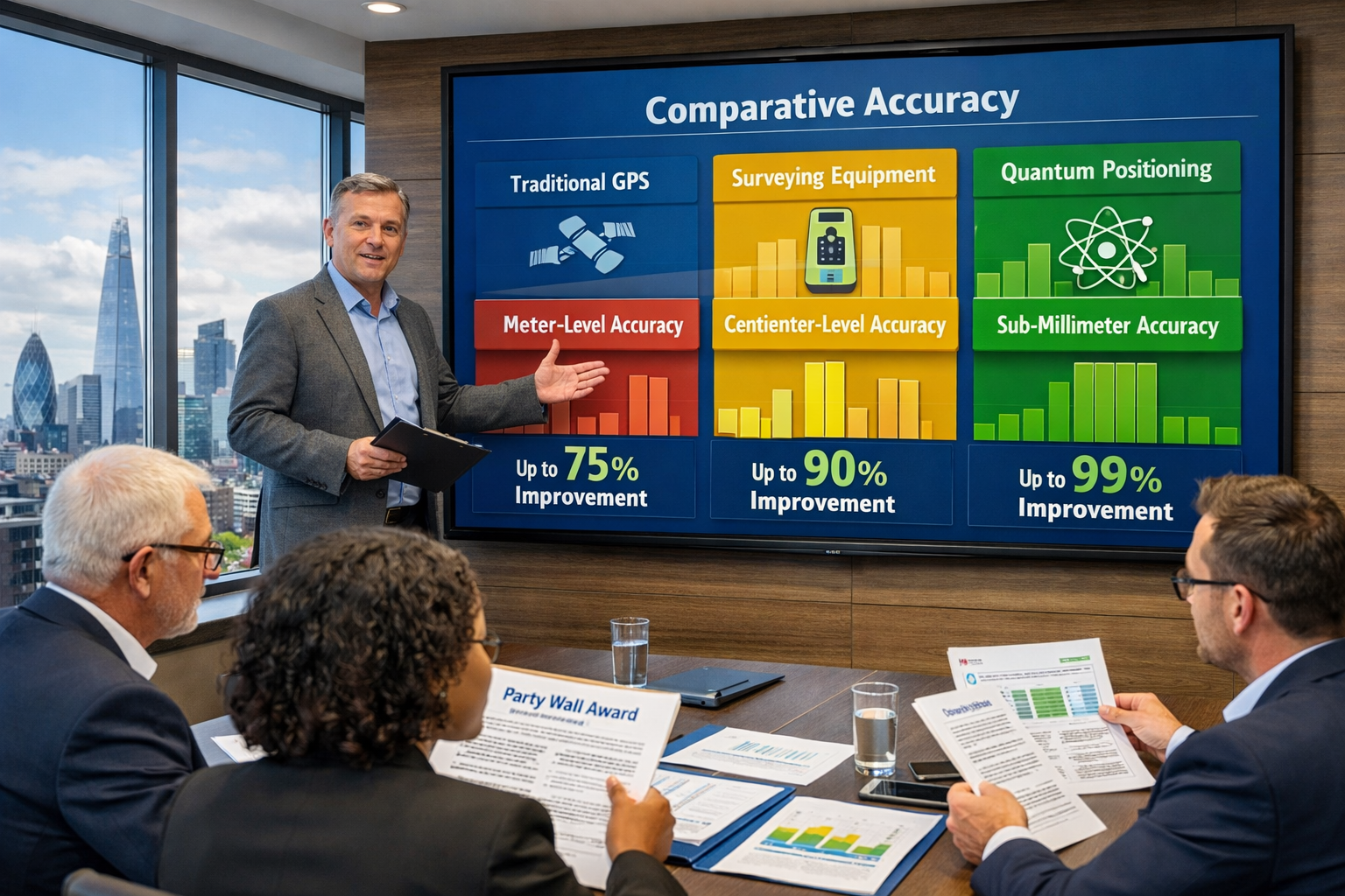 () modern office environment showing party wall surveyor presenting large wall-mounted digital display screen featuring