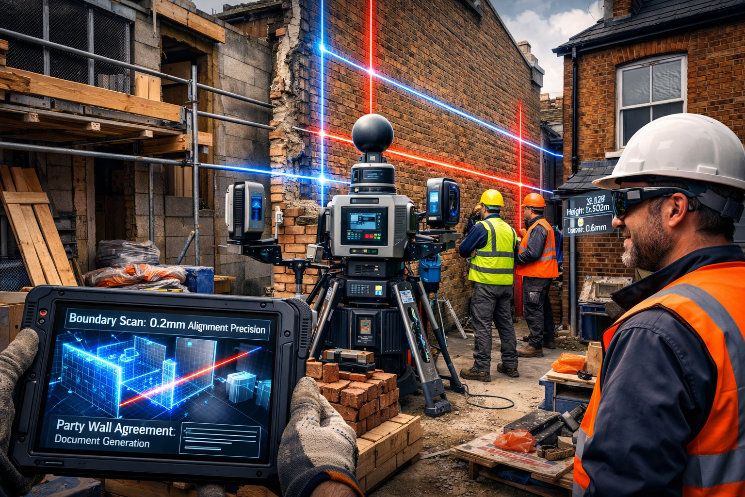 () futuristic construction site scene showing active building work on terraced London properties with quantum positioning