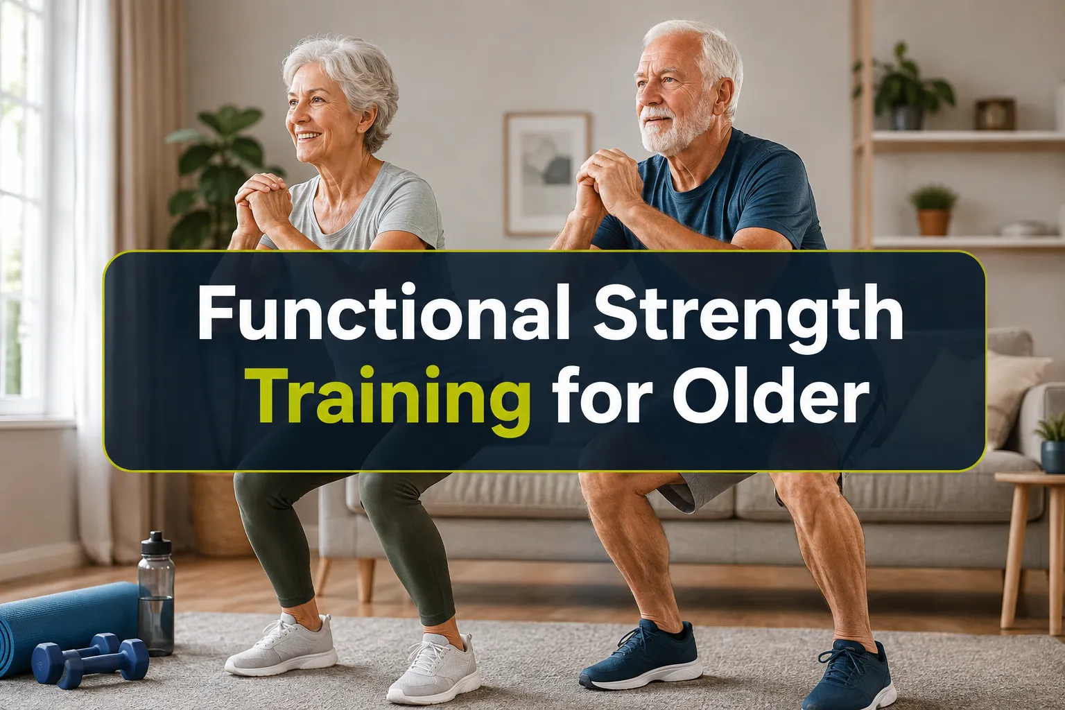 Professional landscape hero image () with a reading "Functional Strength Training for Older". CRITICAL TYPOGRAPHY RULES: