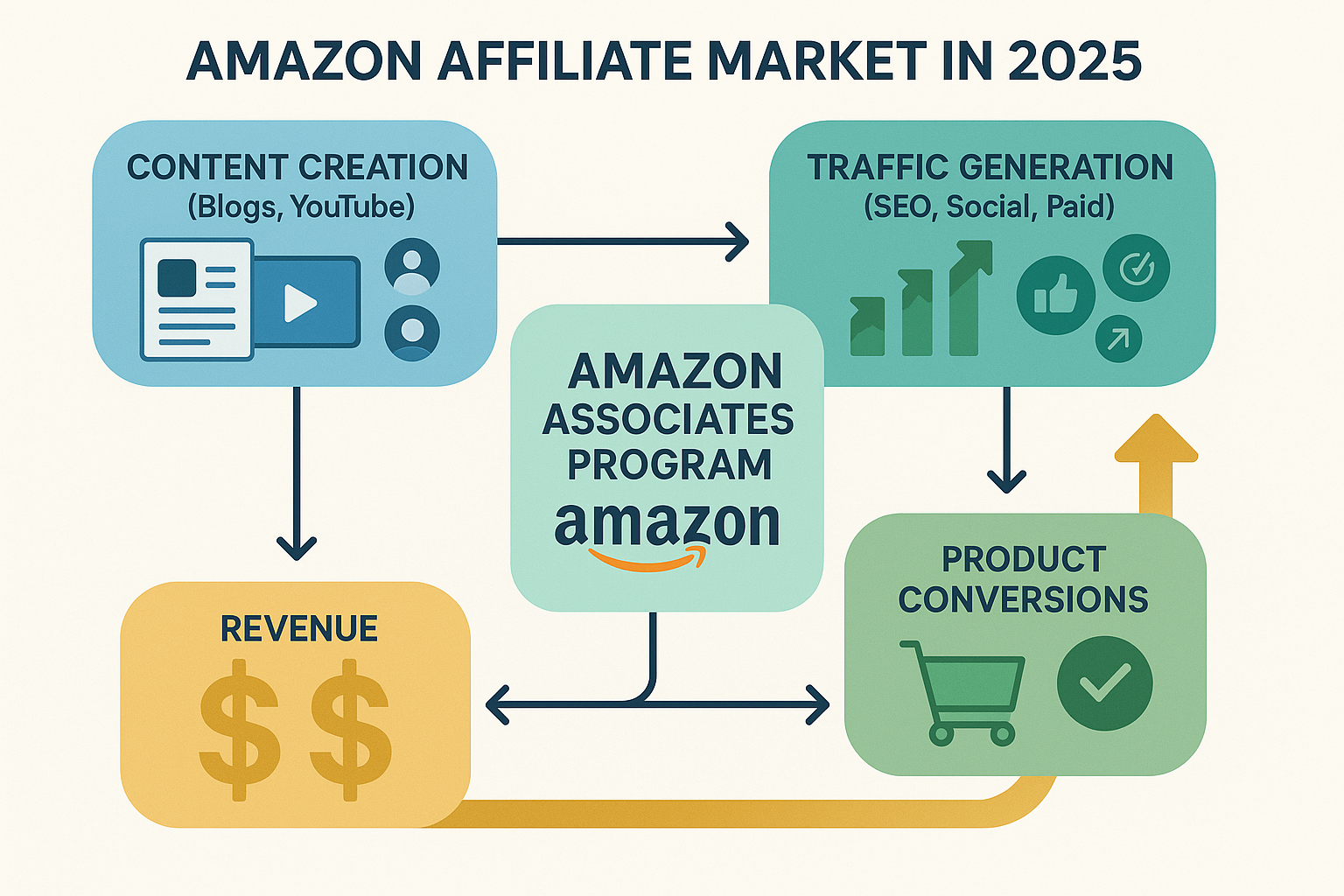 A detailed infographic illustrating the core components and revenue streams of the Amazon affiliate market in 2025. It should feature interc