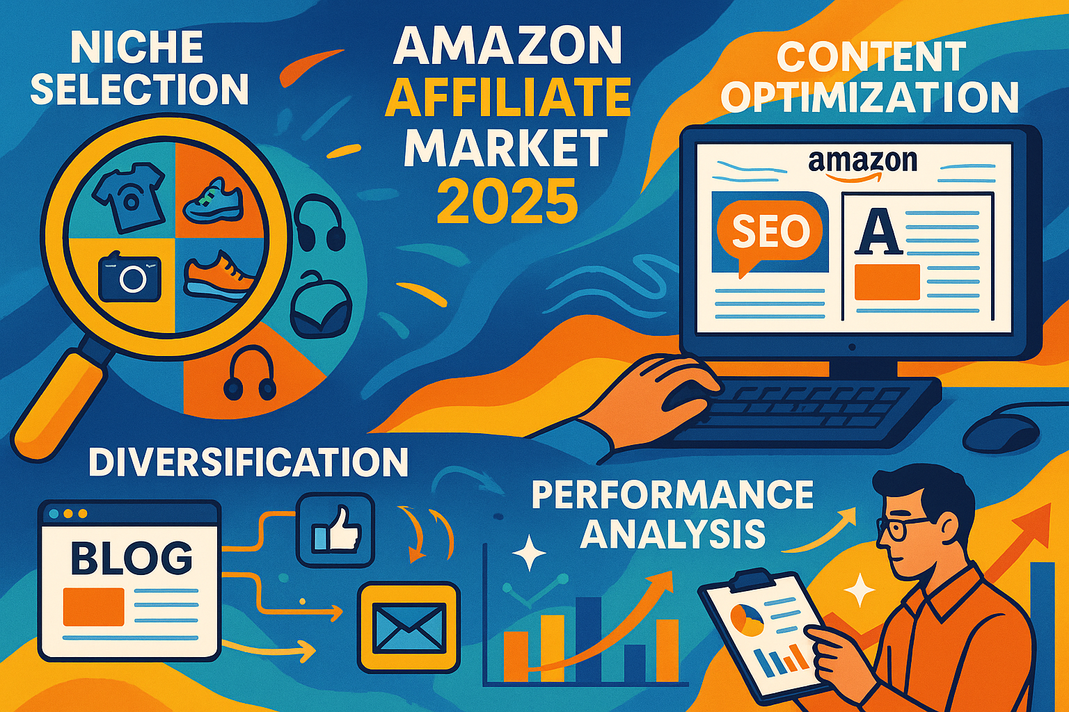 A vibrant and detailed illustration depicting various strategies for thriving in the Amazon affiliate market in 2025. This includes visual r