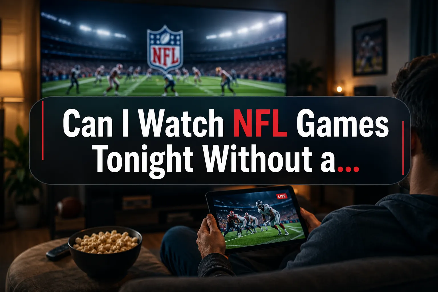 A reading "Can I Watch NFL Games Tonight Without a…". CRITICAL TYPOGRAPHY RULES: render the text on 1–2 lines, centered,