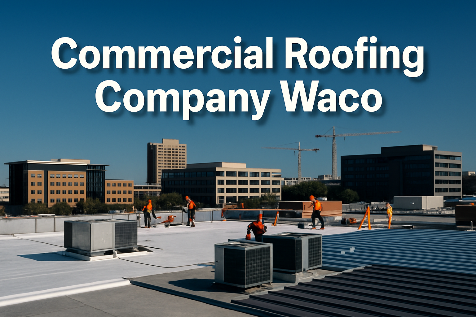 Professional landscape hero image (1536x1024) featuring bold text overlay 'Commercial Roofing Company Waco' in extra large 72pt white sans-s
