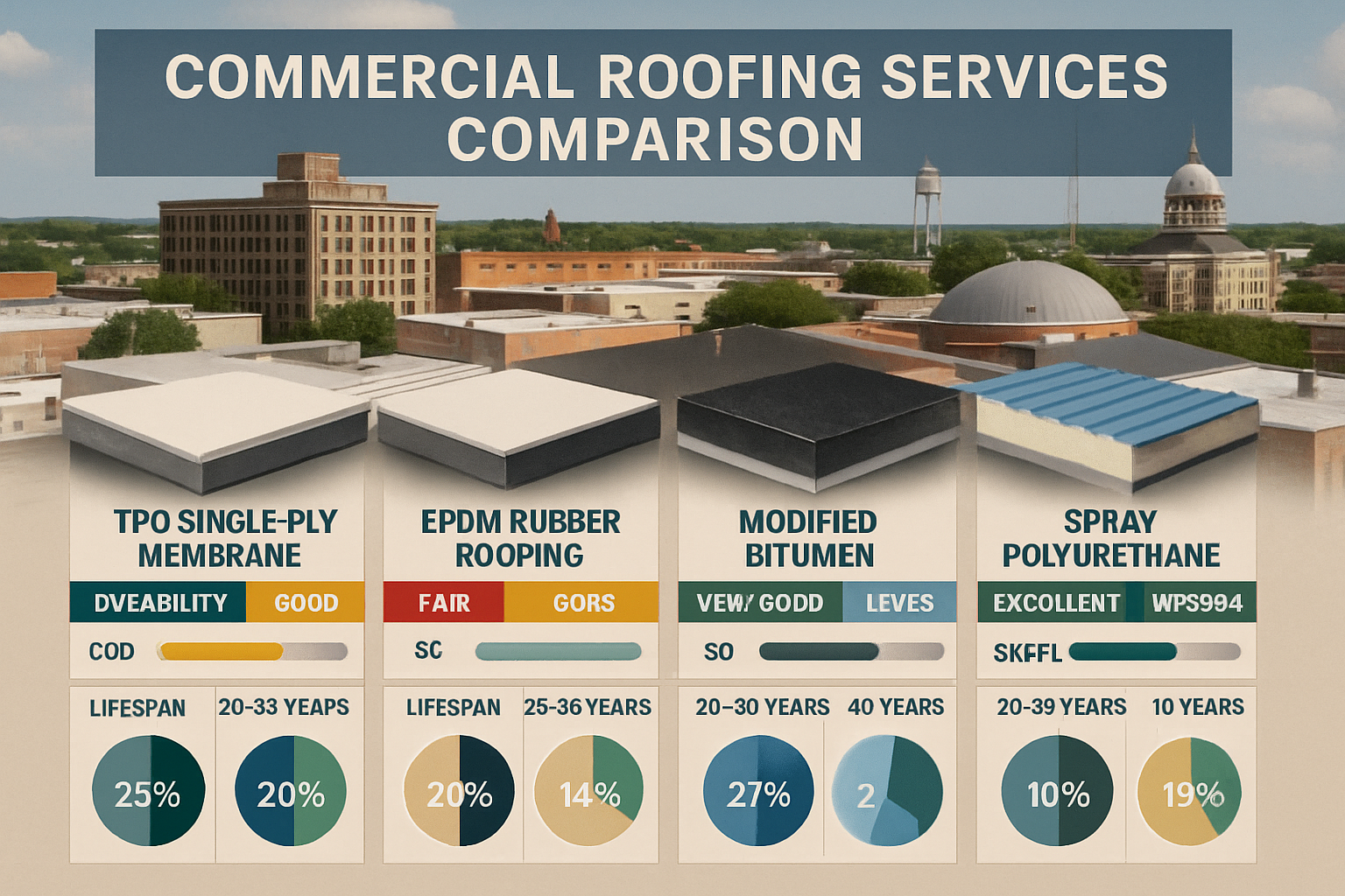 Detailed landscape image (1536x1024) showing comprehensive commercial roofing services comparison chart with multiple roofing system types d