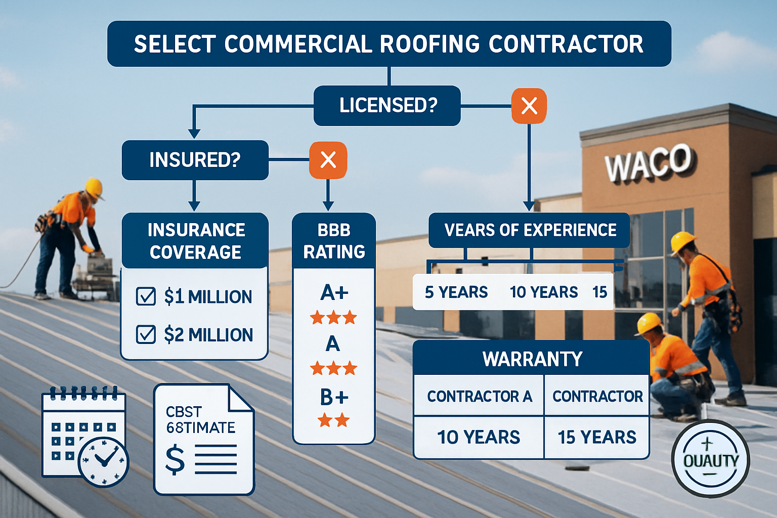 Detailed landscape image (1536x1024) displaying interactive commercial roofing contractor selection criteria as visual flowchart with decisi