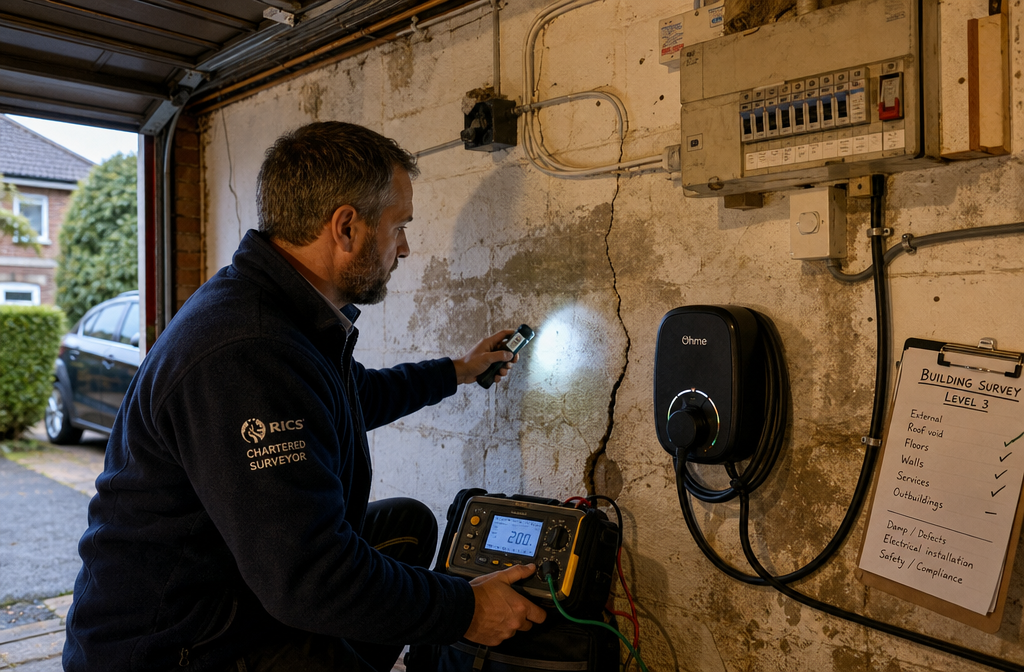 Wide-angle editorial photograph of a chartered surveyor conducting a Level 3 building inspection inside an older UK