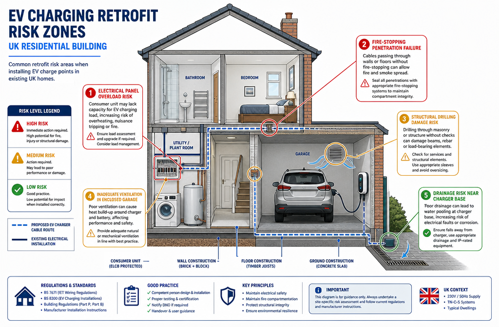 Detailed infographic-style illustration showing a cross-section diagram of a UK residential building with annotated EV