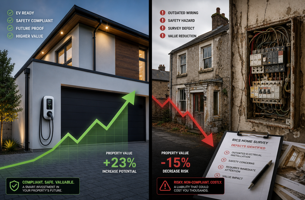 Split-composition editorial image showing two contrasting property valuation scenarios side by side: left panel shows a