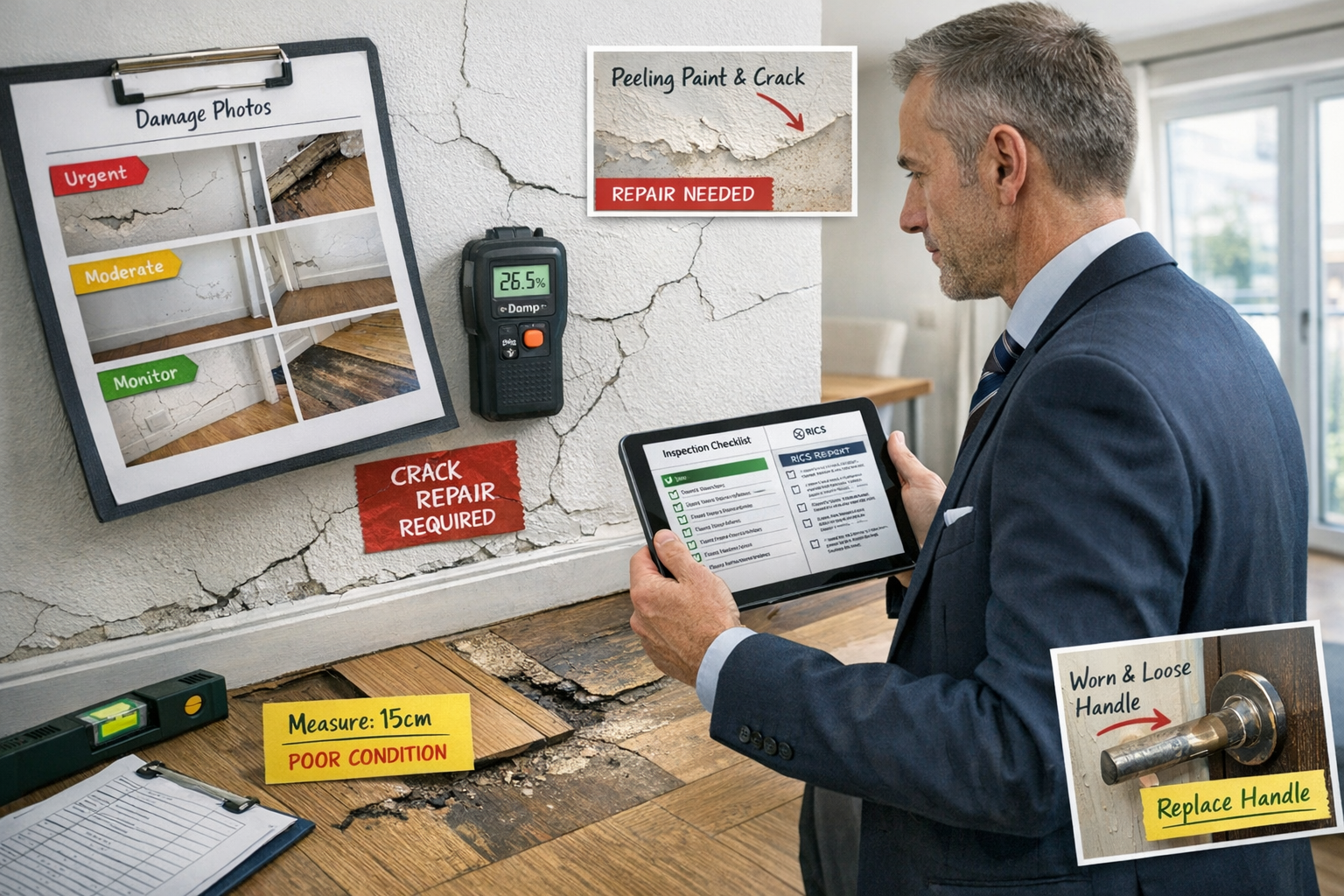 () detailed image showing professional surveyor in business attire conducting thorough residential property dilapidations