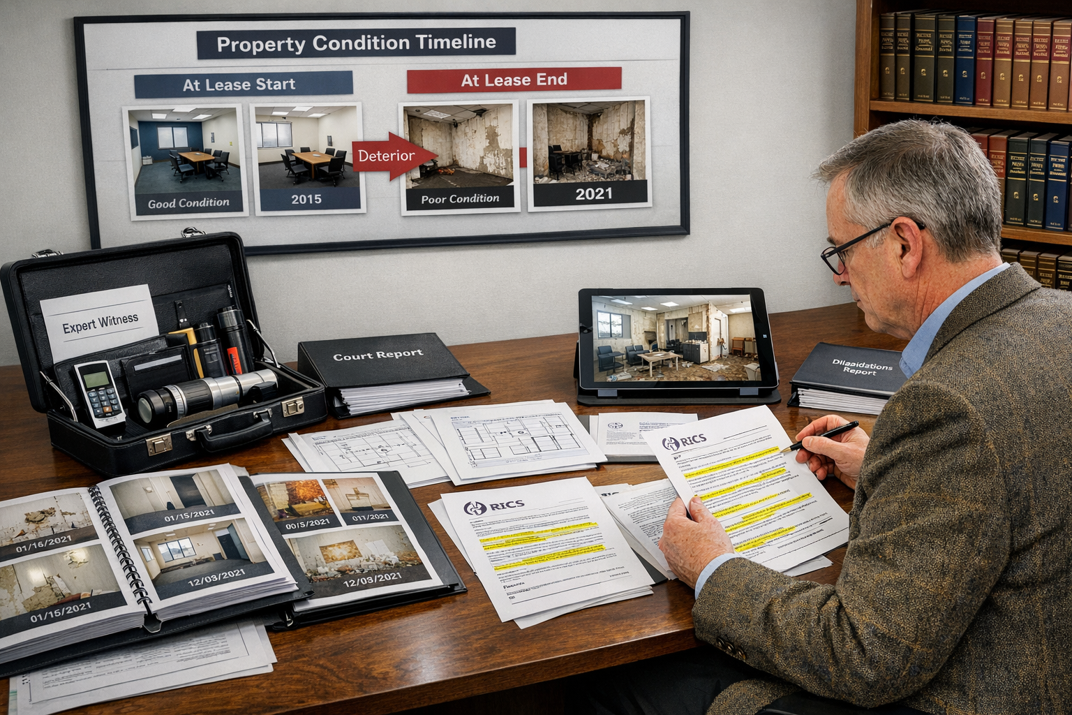() professional courtroom preparation scene showing expert witness surveyor reviewing comprehensive evidence portfolio for