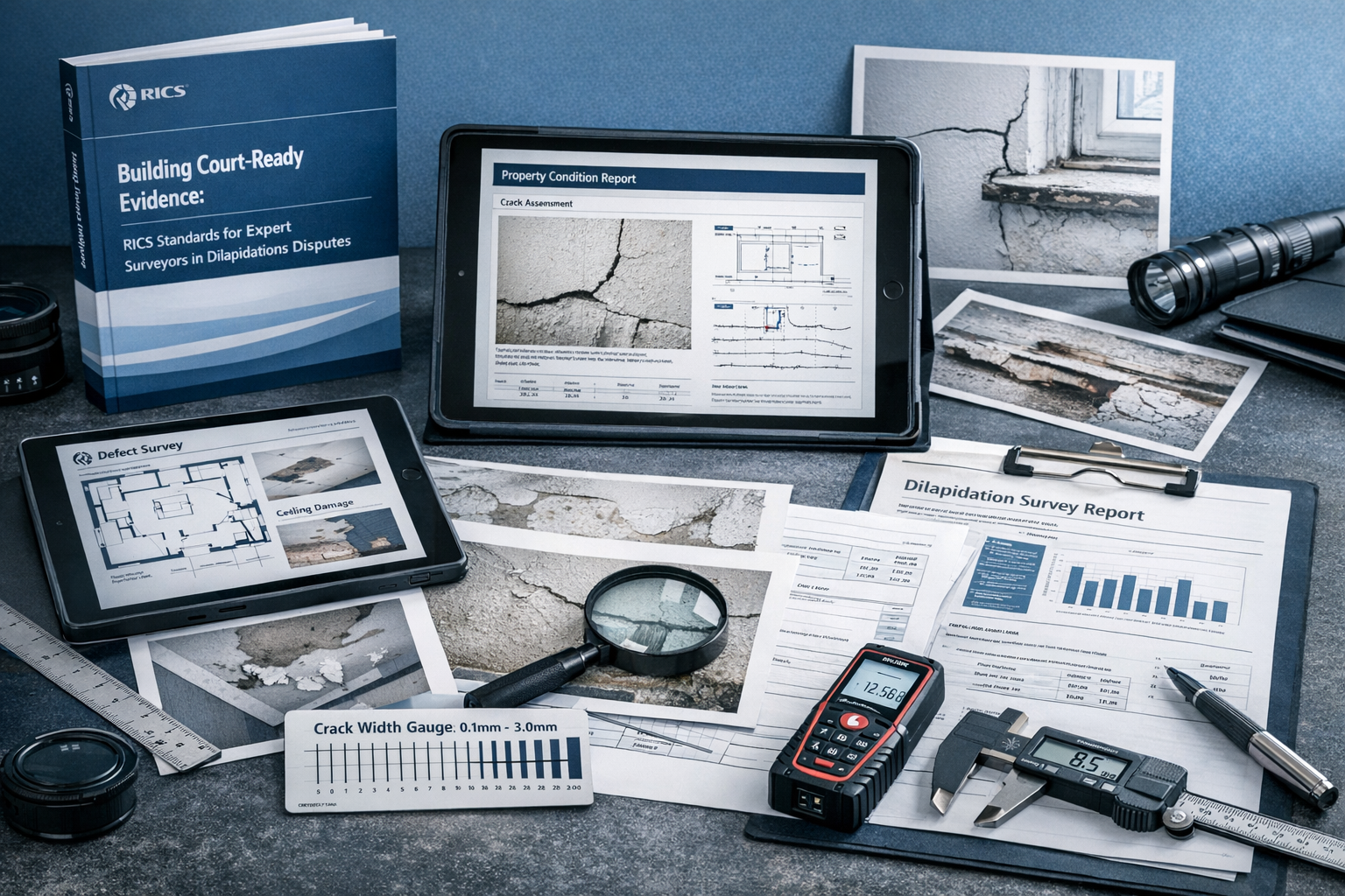 A detailed architectural forensic evidence compilation scene for 'Building Court-Ready Evidence: RICS Standards for Expert