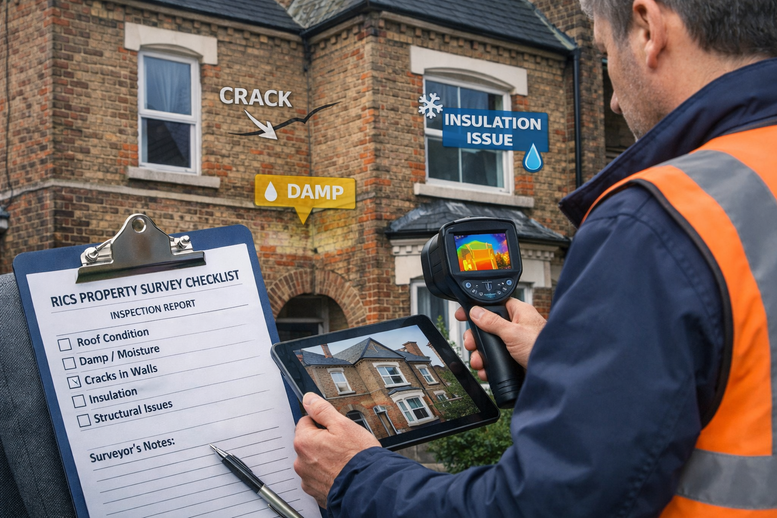 Detailed () image showing close-up of surveyor conducting property inspection with modern digital tools. Scene captures