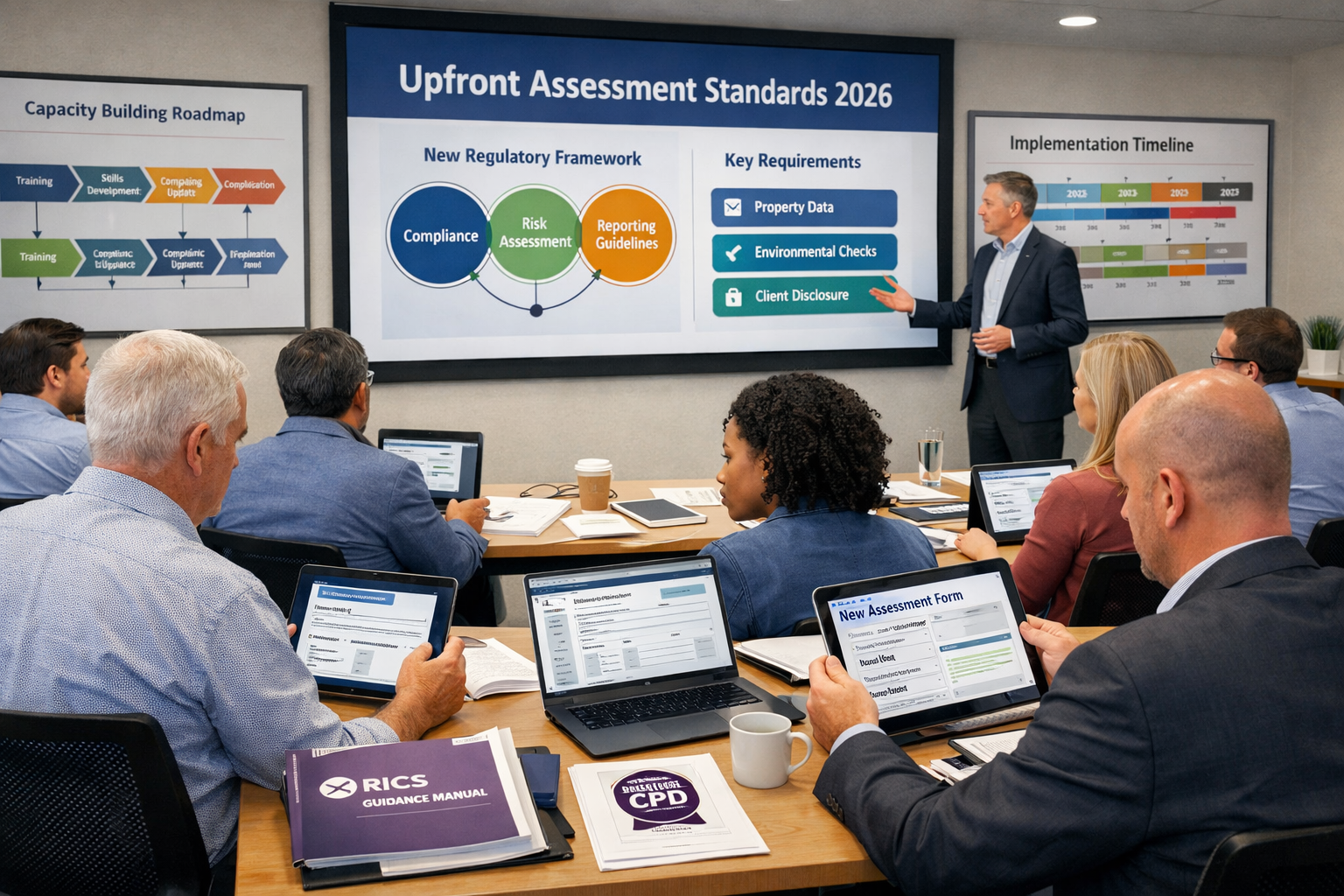 Detailed () image of professional training session for property surveyors adapting to new regulations. Scene shows modern