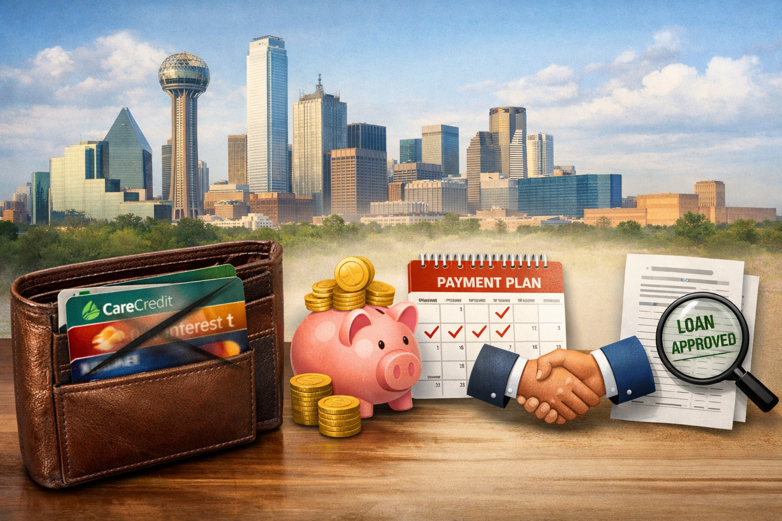 Detailed () image illustrating various alternative financing options for dental implants in Dallas. The image features a