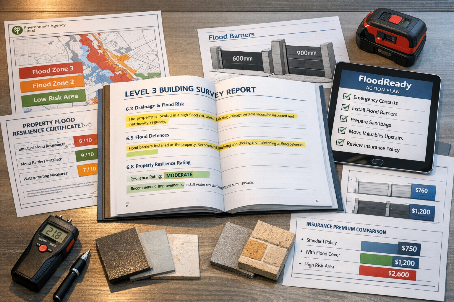 Detailed () image showing comprehensive flood risk assessment documentation spread across modern desk surface. Central focus
