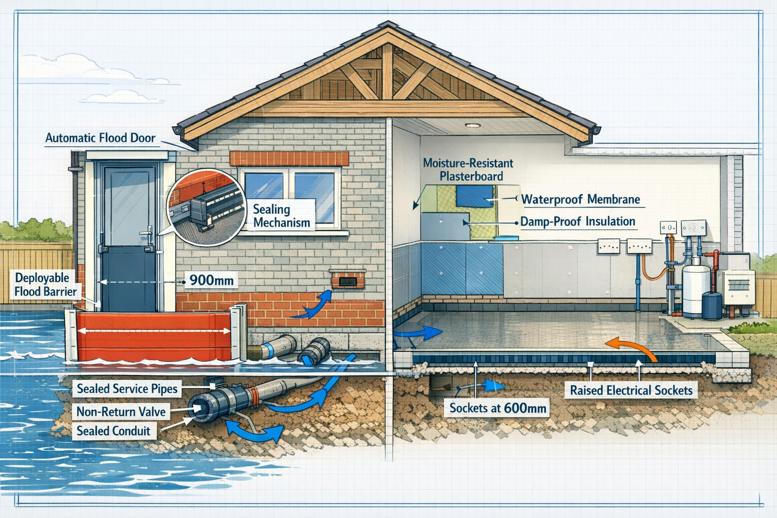 Detailed () cutaway technical illustration of UK residential property cross-section showing comprehensive Property Flood