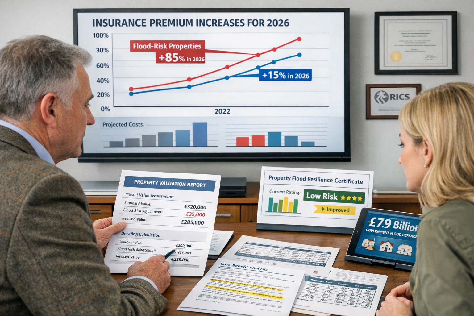 Detailed () image showing modern insurance and property valuation consultation scene in professional surveyor's office.
