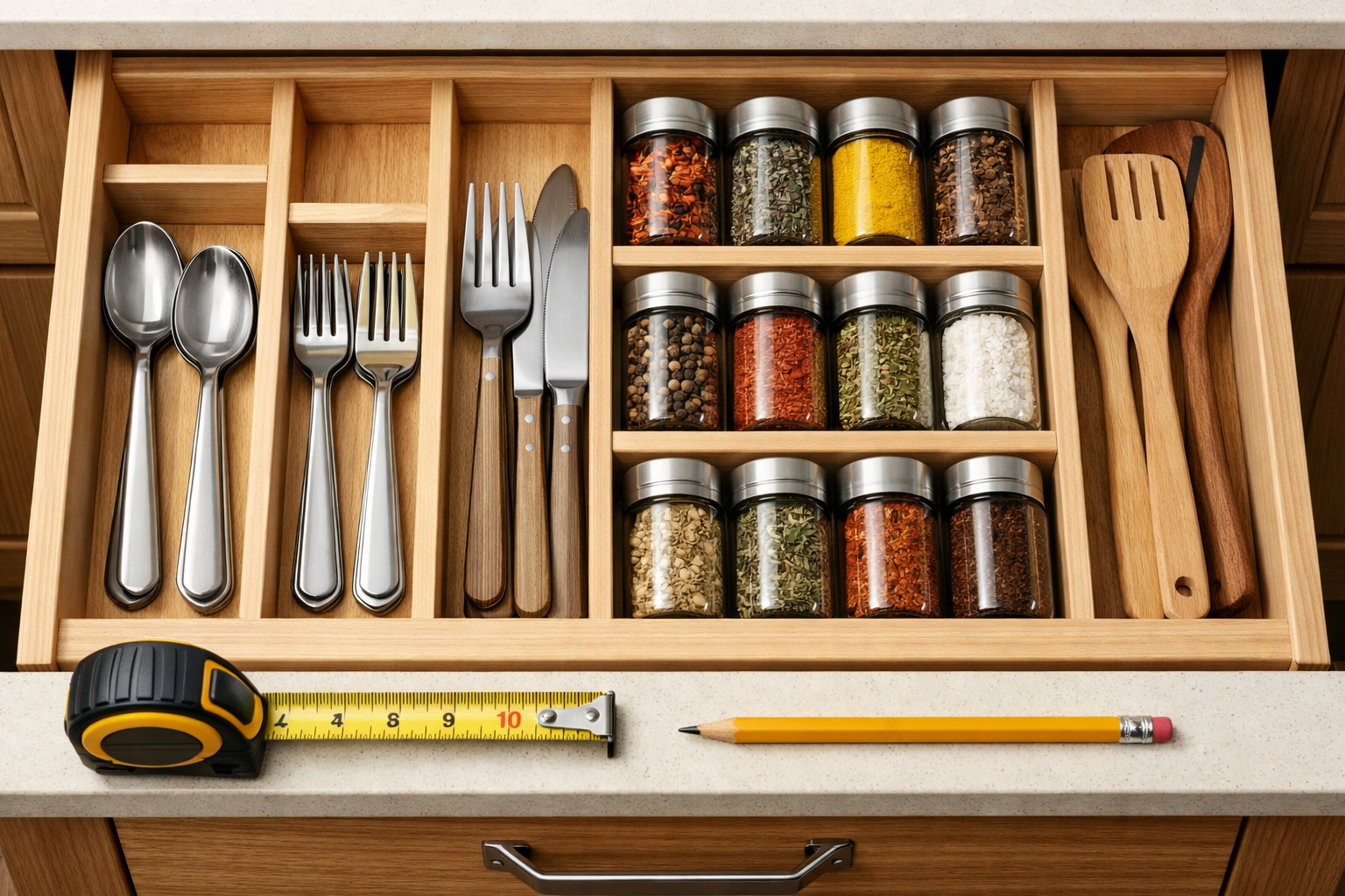 A close-up, top-down view of a kitchen drawer revealing perfectly fitted, custom wooden dividers for utensils and spices.