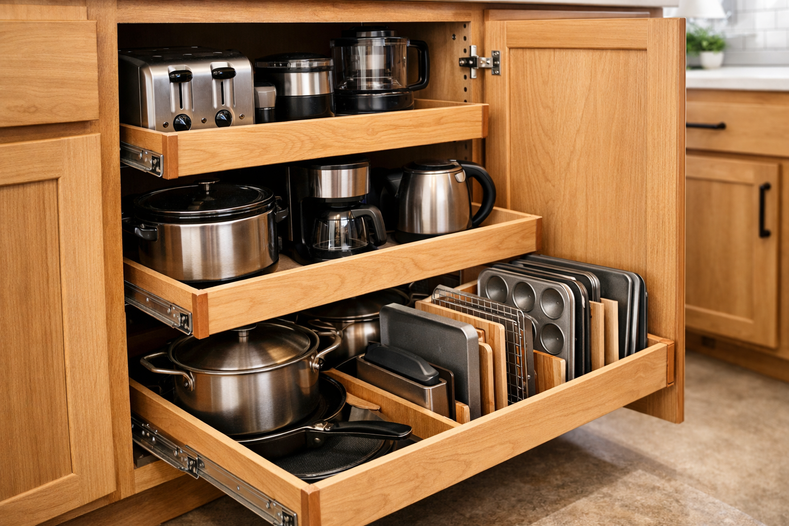 A dynamic, slightly angled shot of a kitchen cabinet interior, with multiple pull-out shelves smoothly extended. The