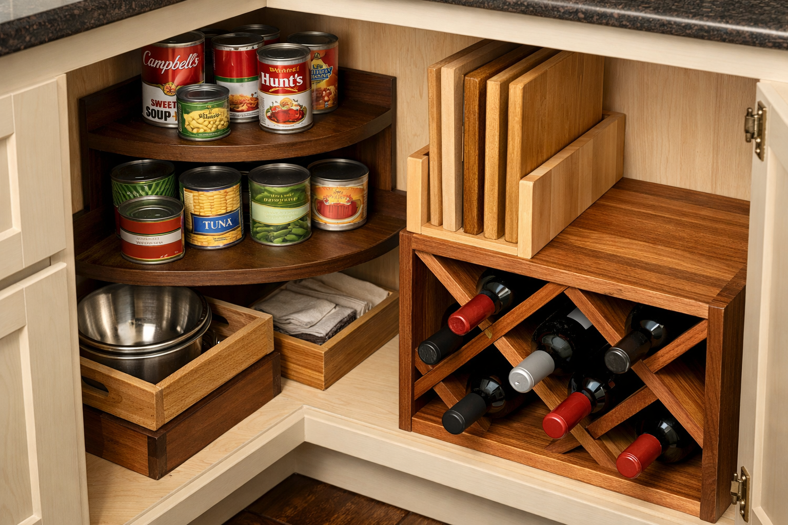 An elevated view of a kitchen pantry or base cabinet interior, featuring various custom cabinet organizers. This includes a