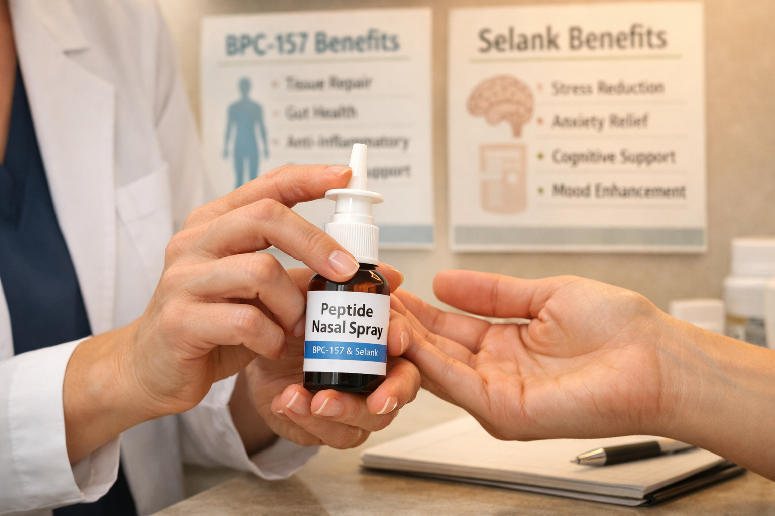 Modern wellness clinic consultation scene showing health professional explaining nasal peptide spray administration to client, close-up of h