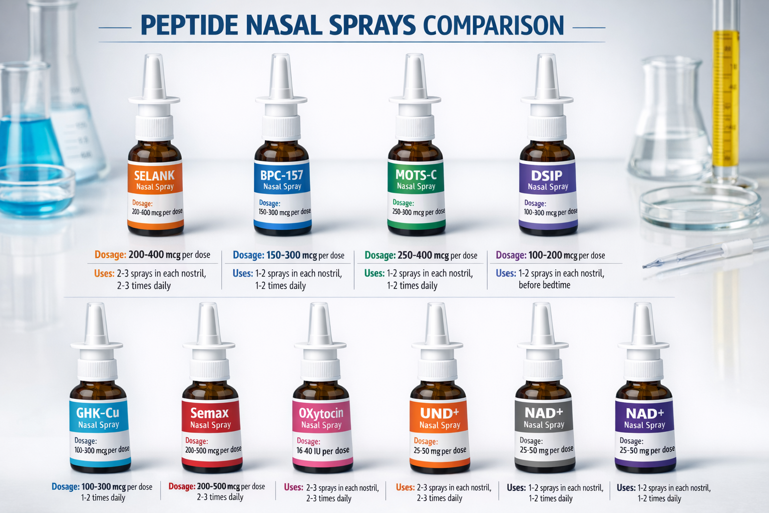 Comparison infographic displaying multiple nasal peptide spray bottles arranged systematically including Selank, BPC-157, MOTS-C, and other 
