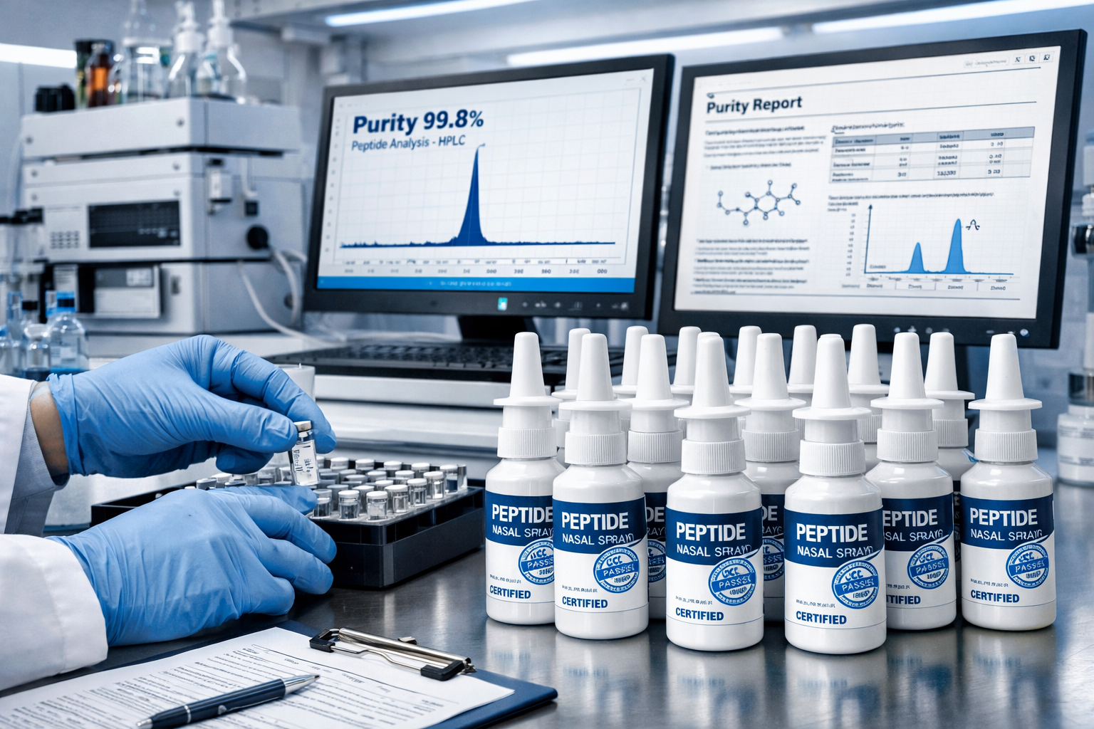 Laboratory quality control scene featuring peptide testing equipment, HPLC analysis screens showing purity results, certified nasal spray bo