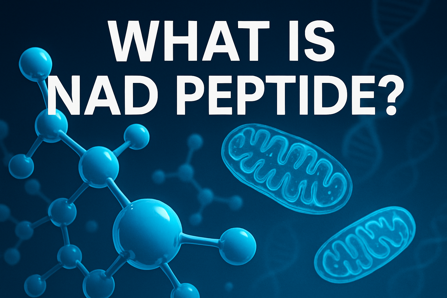 Professional landscape hero image (1536x1024) featuring bold text overlay 'What is NAD Peptide?' in extra large 72pt white sans-serif font w