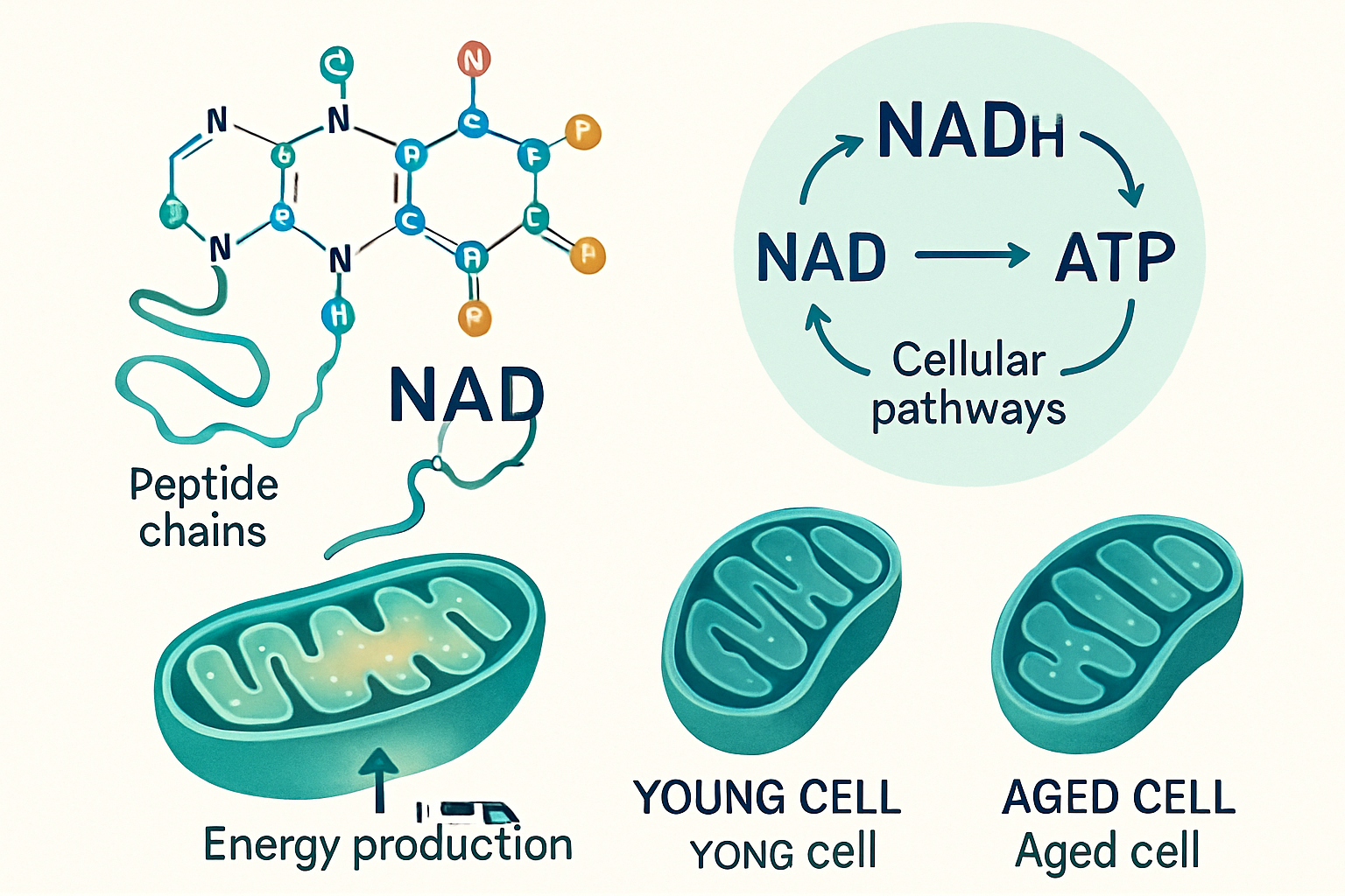 Scientific illustration showing NAD+ molecular structure with detailed atomic bonds, peptide chains, and cellular pathways. Features cross-s