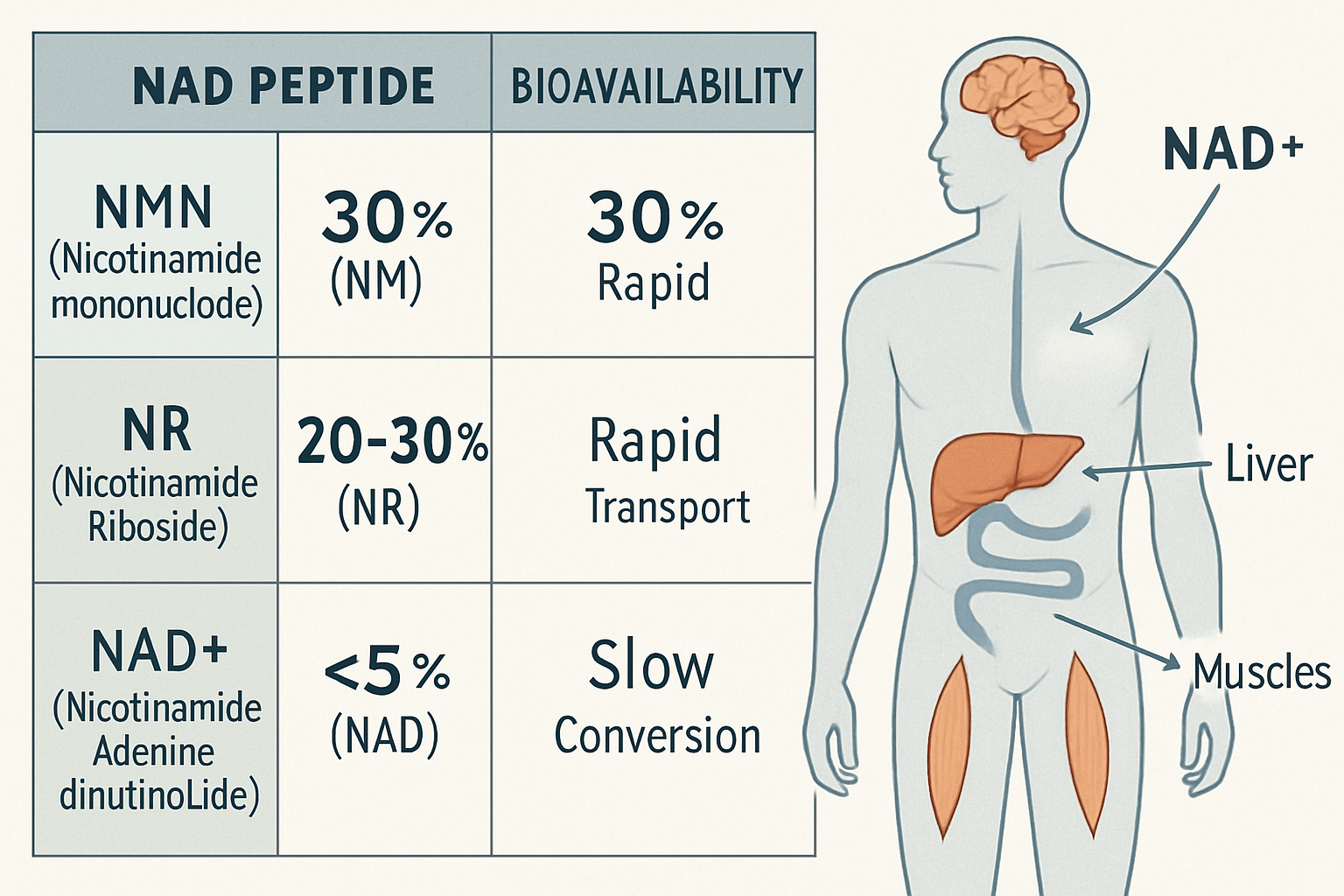 Comprehensive comparison chart displaying different NAD peptide types including NMN, NR, NAD+ precursors in organized table format. Shows bi