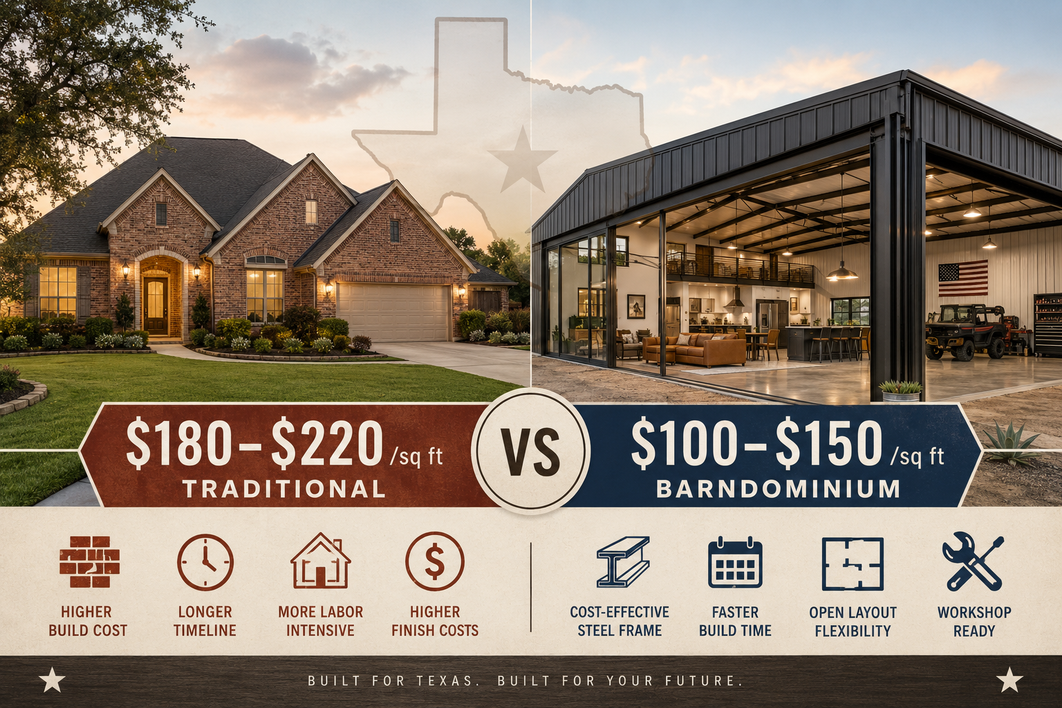 Detailed () editorial infographic-style image showing a split-screen comparison: on the left, a traditional brick Texas