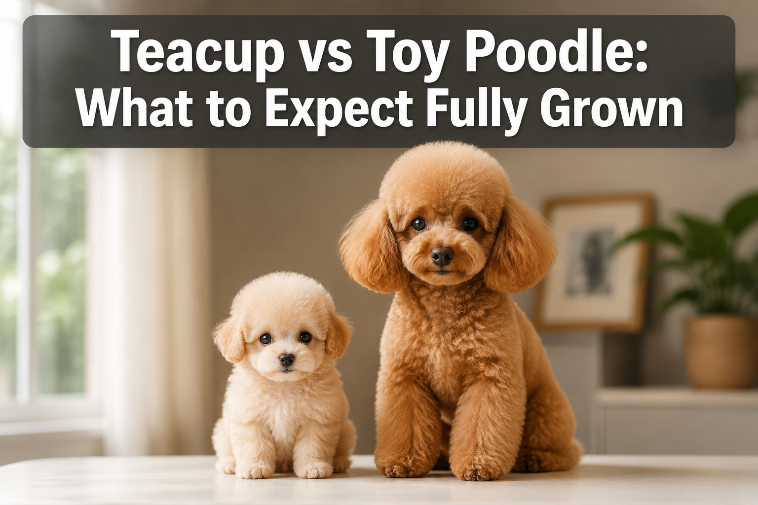 Professional () hero image featuring 'Teacup vs Toy Poodle: What to Expect Fully Grown' in extra large white with dark drop