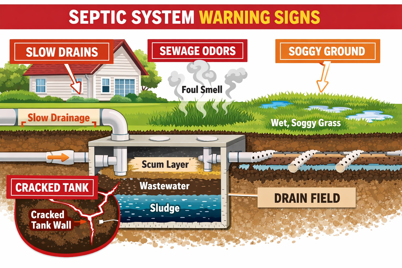 () detailed infographic-style illustration showing a cross-section diagram of a residential septic tank system with labeled