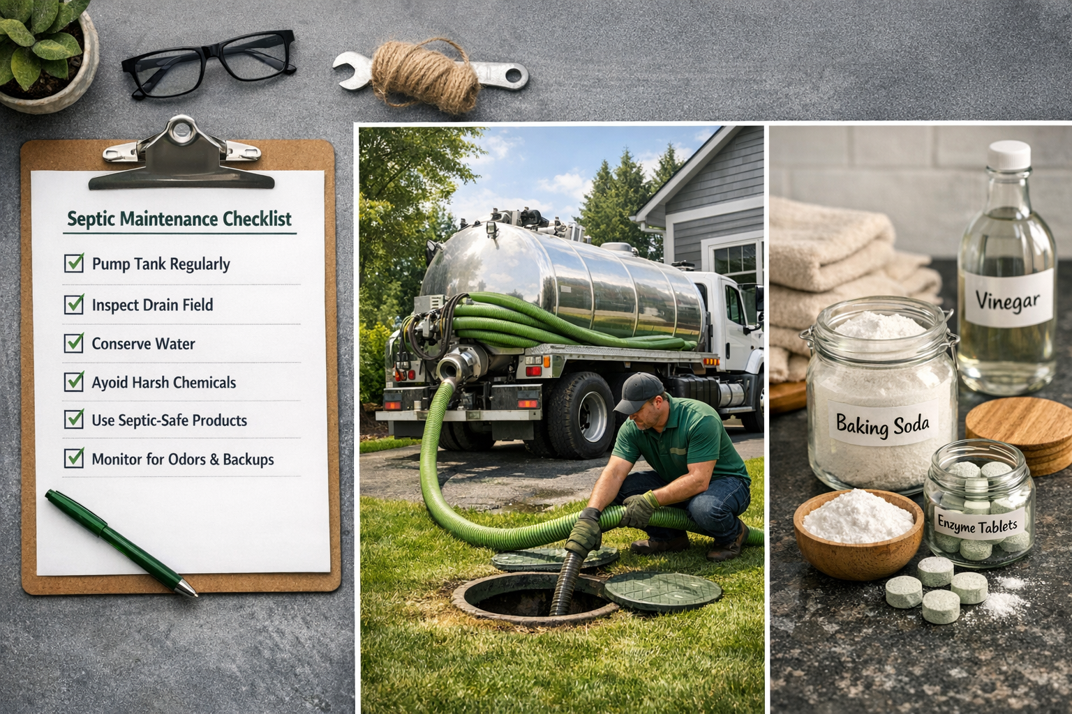 () step-by-step checklist visual showing a homeowner's maintenance routine: a clipboard with a septic maintenance checklist