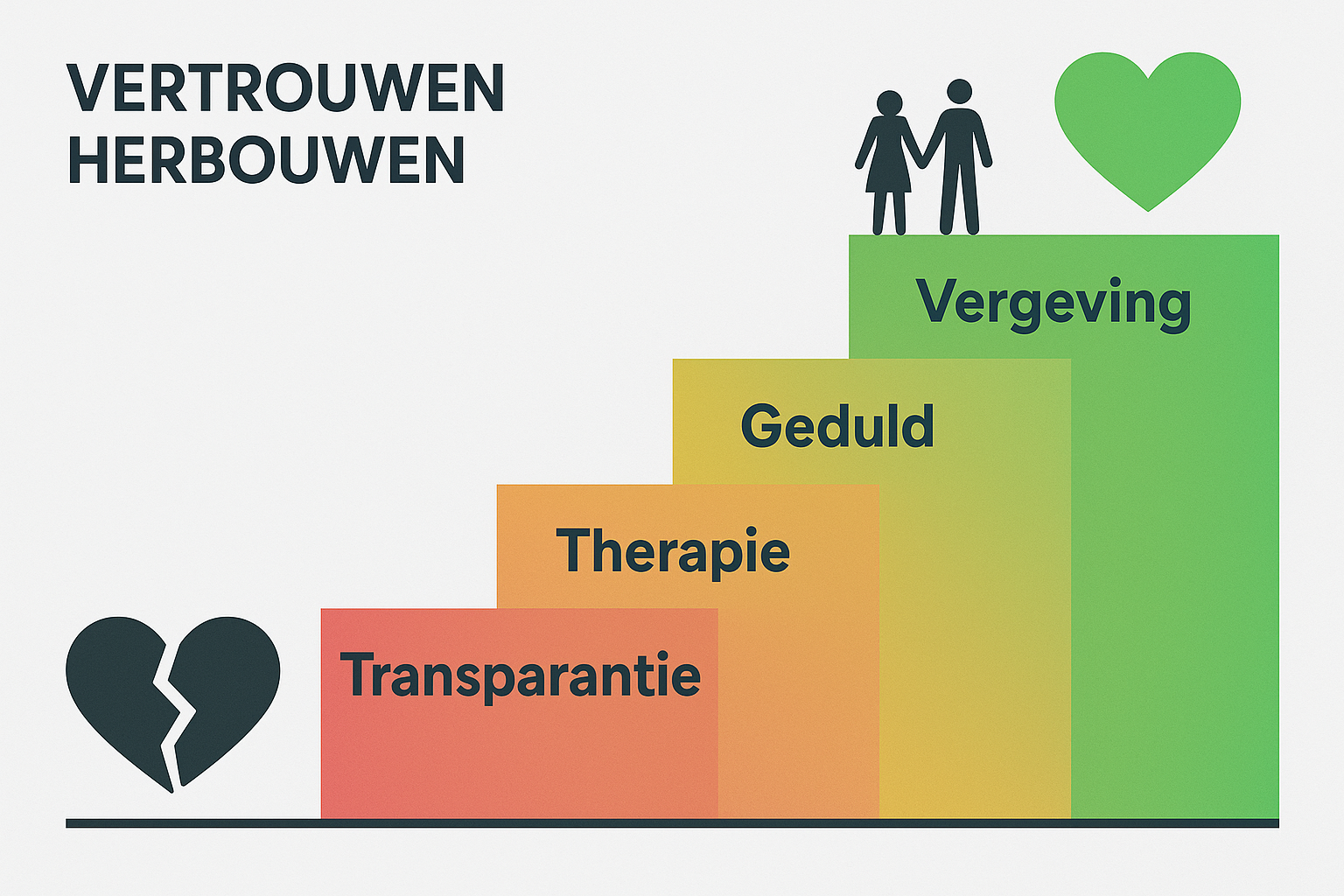 Professional landscape infographic (1536x1024) for section "Vertrouwen Herbouwen". Type: Staircase Progress Visual. Left side shows broken h