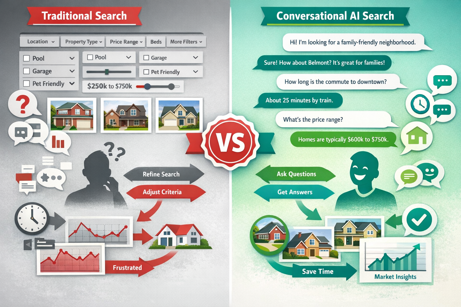 Landscape format (1536x1024) infographic comparing traditional filter-based search versus conversational AI search. Left side shows cluttere