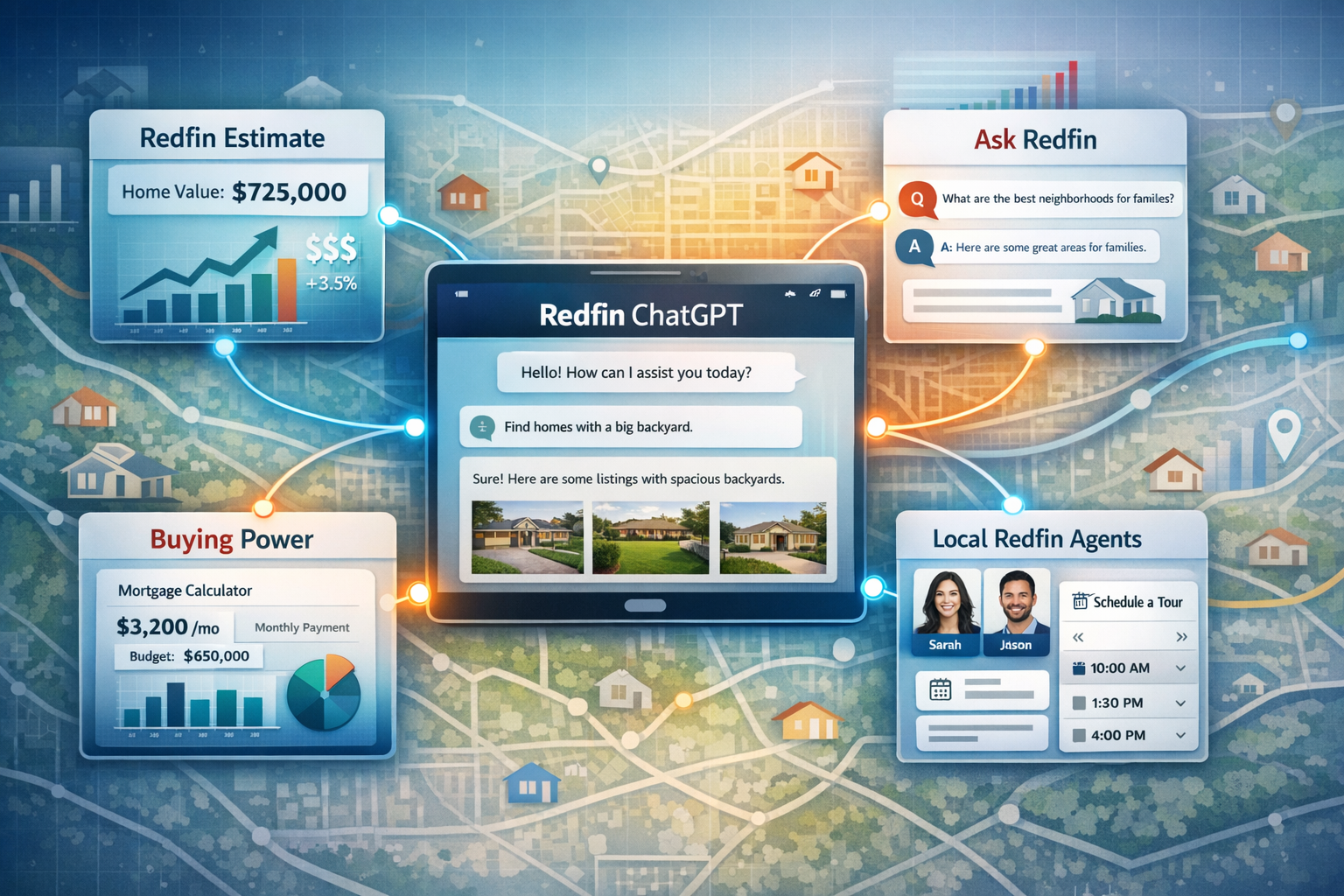 Landscape format (1536x1024) comprehensive dashboard visualization showing Redfin's complete AI-powered ecosystem. Central hub displays Chat
