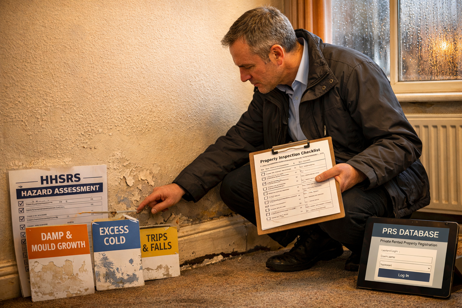 Wide-angle editorial photograph of a professional chartered surveyor in a UK rental property interior, kneeling to inspect