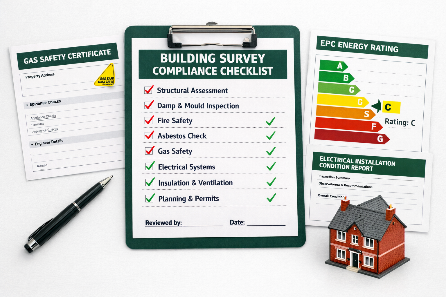 Flat-lay infographic style image on a clean white desk surface showing a detailed building survey compliance checklist