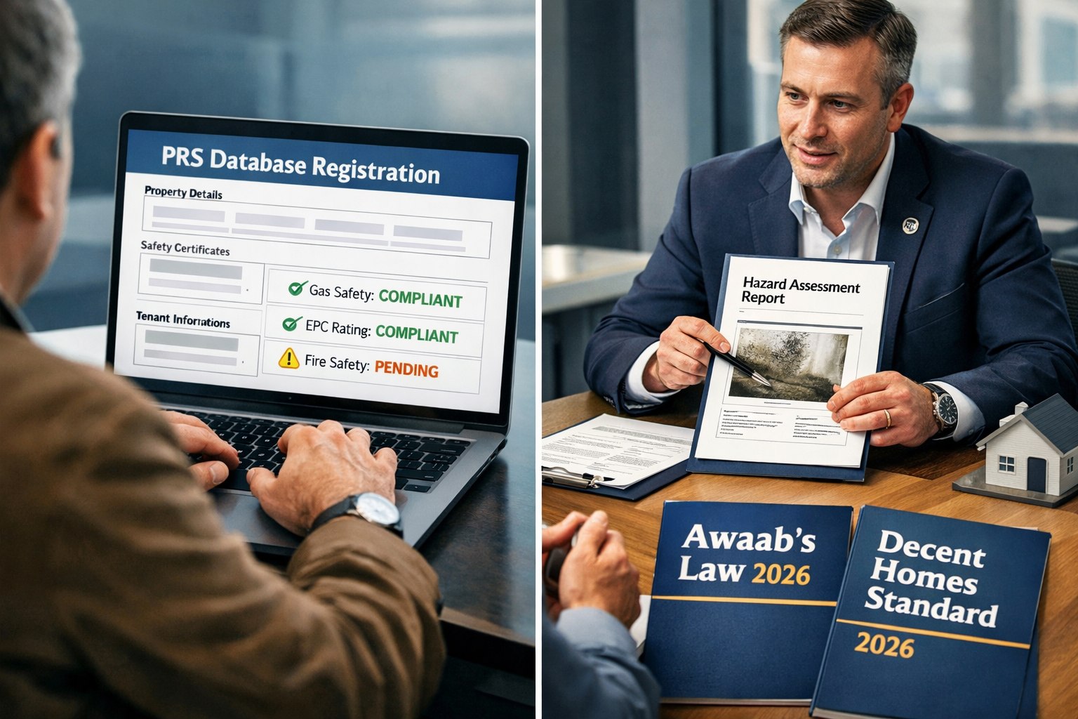 Split-screen editorial image: left side shows a landlord at a laptop completing an online PRS database registration form