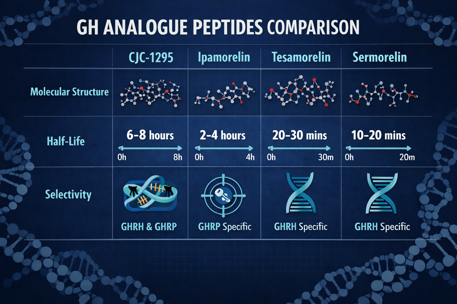 Detailed () editorial infographic showing a comparison table of GH analogue peptides including CJC-1295, Ipamorelin,