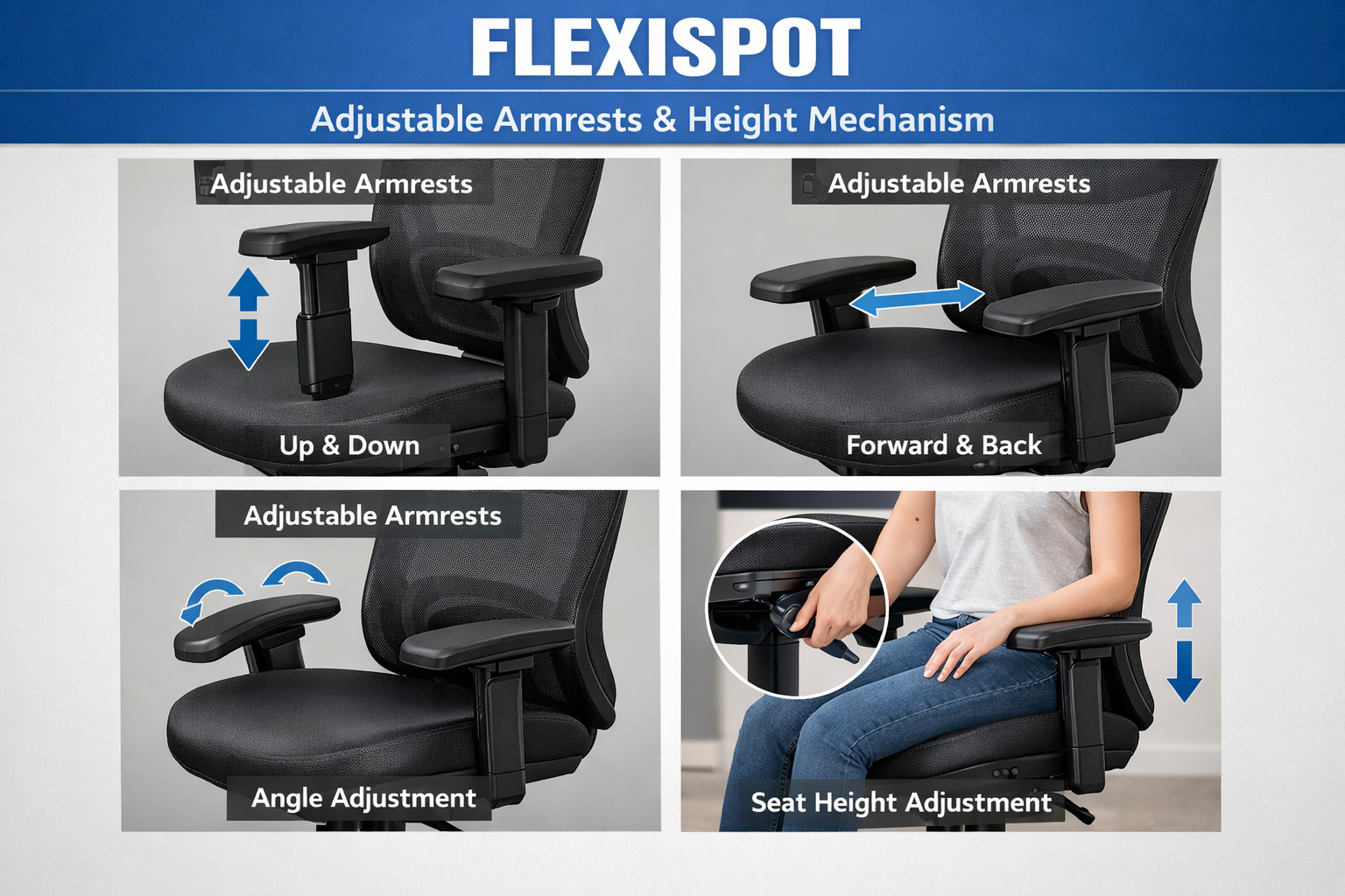 FLEXISPOT Ergonomic Office Chair FLEXISPOT office chair adjustable armrests and height mechanism demonstration
