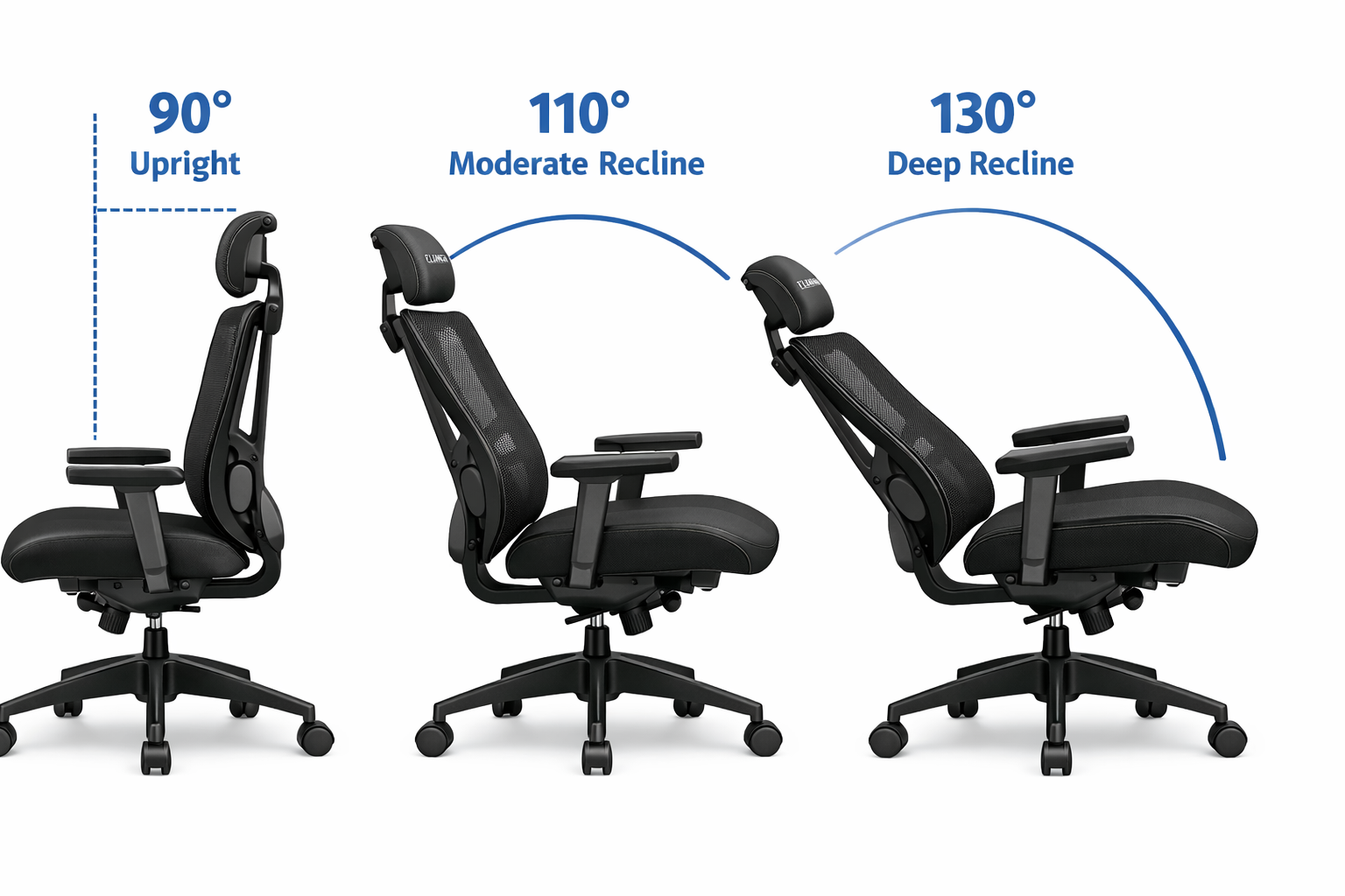 FLEXISPOT Ergonomic Office Chair side view of FLEXISPOT chair showing three-position recline angles 90-110-130 degrees