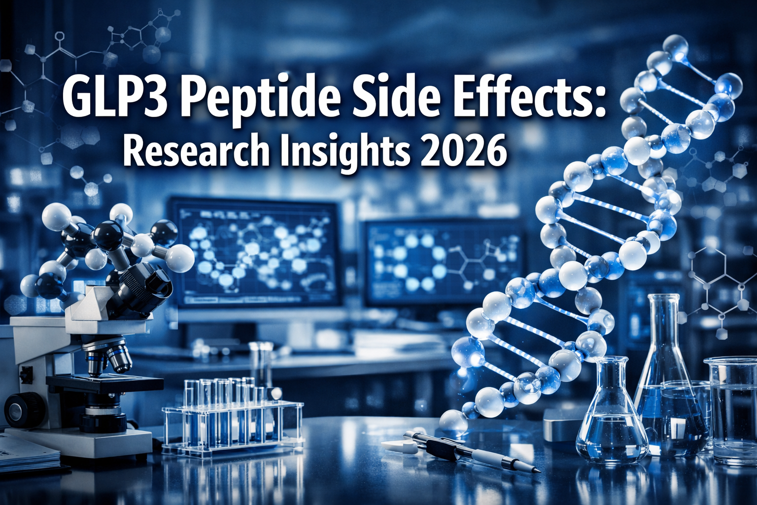 Professional landscape hero image (1536x1024) featuring bold text overlay 'GLP3 Peptide Side Effects: Research Insights 2026' in extra large