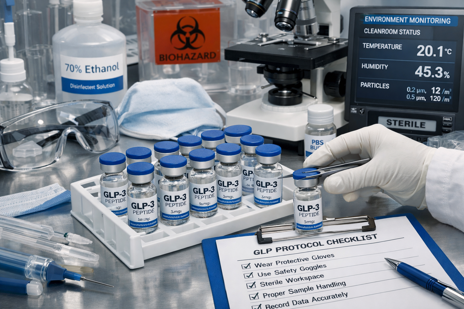 Laboratory research setup showing GLP3 peptide vials, safety equipment, and monitoring devices with emphasis on proper handling protocols, s