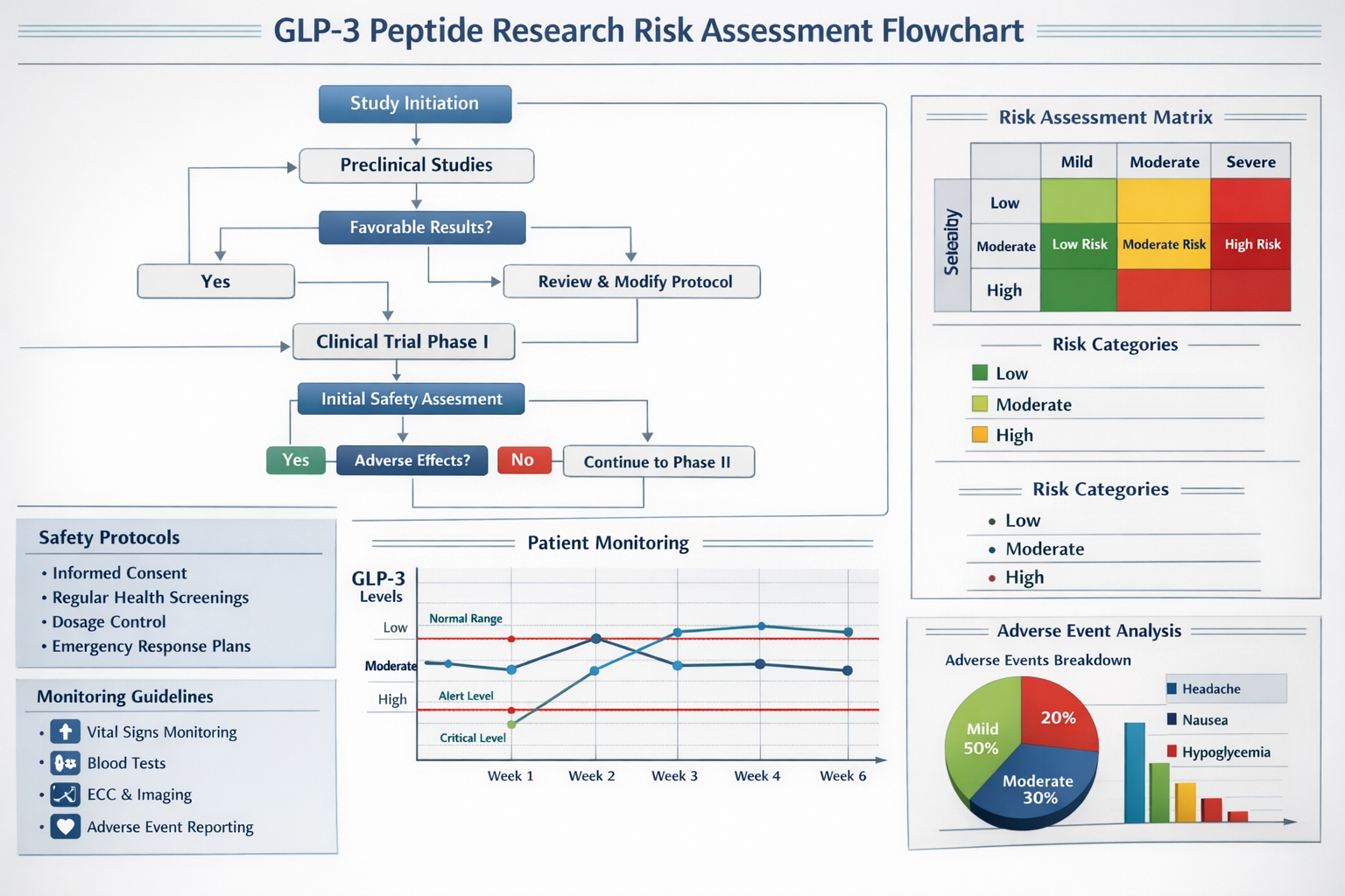 Risk assessment flowchart for GLP3 peptide research showing decision trees, safety protocols, monitoring guidelines, and mitigation strategi