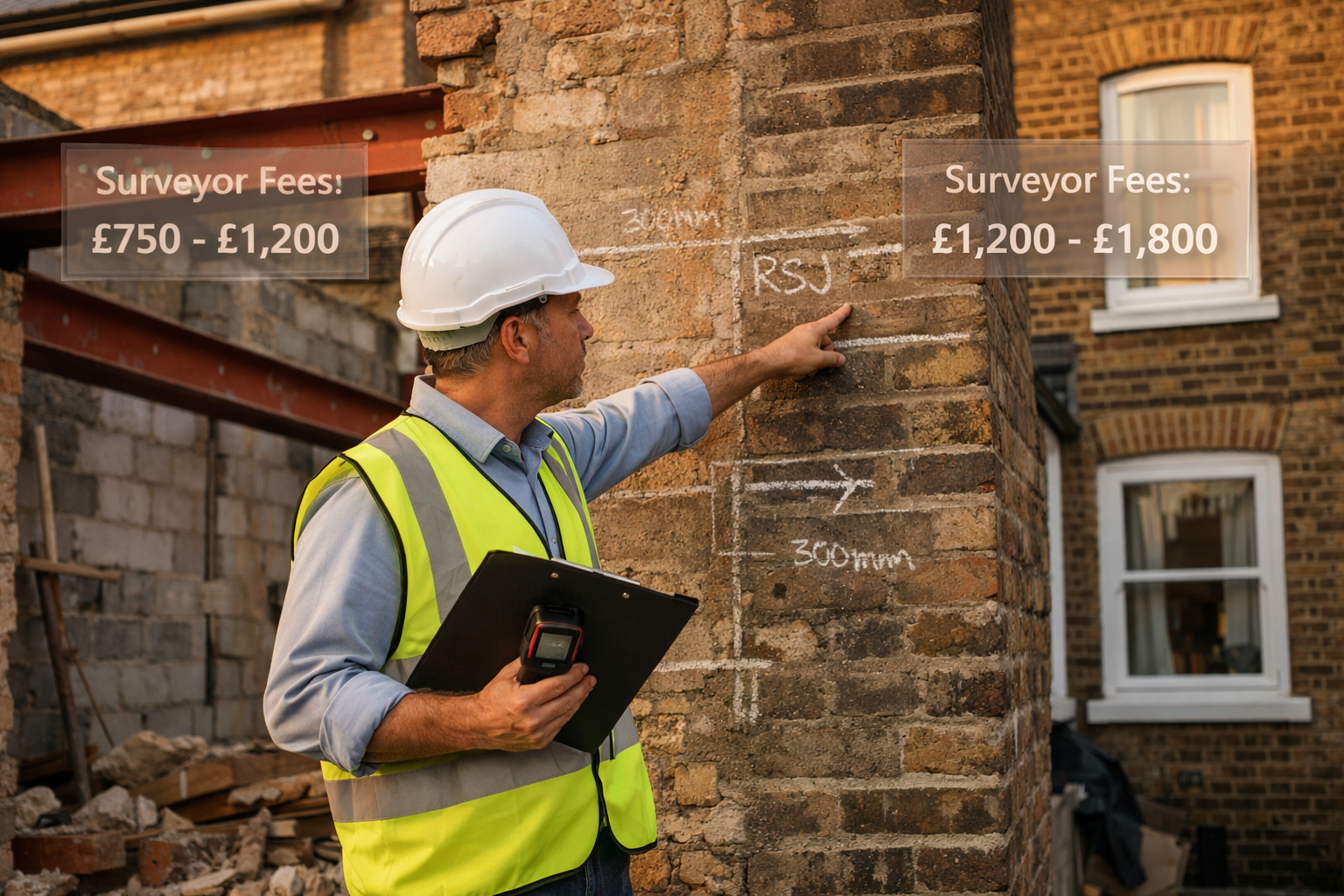 Detailed () photograph of professional party wall surveyor in hard hat and high-visibility vest standing between two London